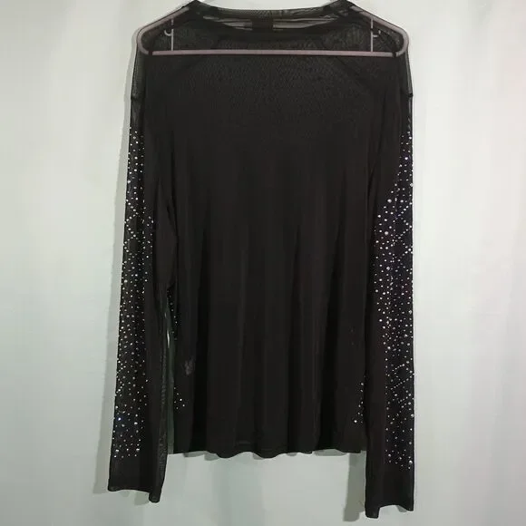 Black Sheer Rhinestone Mesh Top Long Sleeve Sparkly Party Blouse - Picture 5 of 5
